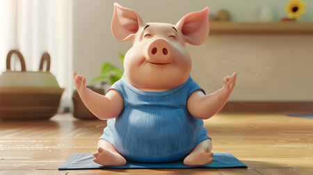 Cute 3D illustrated piglet character wearing blue gym outfit attempting to perform yoga pose while struggling to touch its toes on a hardwood floorの素材