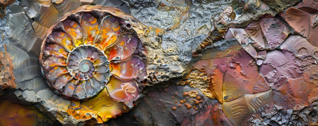 Intricately detailed ammonite fossil embedded in a vibrant textured rock formation  The ancient spiral shell pattern and iridescent colors create a captivating natural abstract artworkの素材