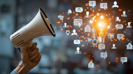 Content Outreach A hand holding a megaphone that shines light into a bulb filled with content iconsの素材