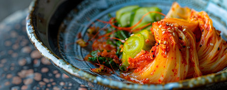 Closeup of a traditional Korean kimchi dish featuring a vibrant red chili paste fermented vegetables and pickled radish served on a rustic ceramic plateの素材