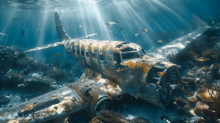 Sunken airplane wreckage covered in vibrant coral and bustling with diverse marine life with shafts of sunlight piercing through the water creating an enchanting and mysterious underwater sceneの素材