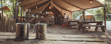 Cozy Outdoor Cafe in Rustic Forest Setting with Large Canvas Tent Wooden Tables and Enamel Coffee Mugs   Relaxing Dining Experience in Natureの素材