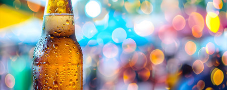 Close up shot of a glass bottle of pilsner beer with condensation droplets glistening on the surface set against a vibrantの素材