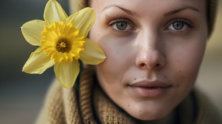 Close up portrait of a mature woman holding a bright yellow daffodil flower with a thoughtful and resilient expression conveying a sense of hope and determination in the face of health challengesの素材