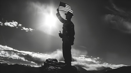 Silhouetted Soldier Holding American Flag Amidst Dramatic Sunset Skies Honoring Veteran Service and Sacrifice for the Nation s Freedom and Independenceの素材