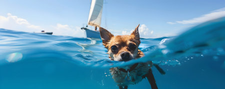 A small fearless chihuahua dog swimming enthusiastically towards a distant sailboat with the vast shimmering blue ocean stretching out behind itの素材