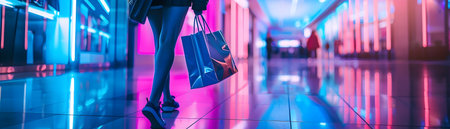 An alien figure navigates a sleek neon lit futuristic shopping complex surrounded by holographic displays and a vibrant high tech atmosphere  The scene evokes a sense of a futuristicの素材