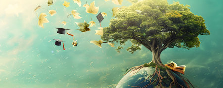 Surreal and fantastical digital depicting a giant tree of knowledge with roots shaped like the Earth leaves made of pages from books and graduation hats perched on the branchesの素材