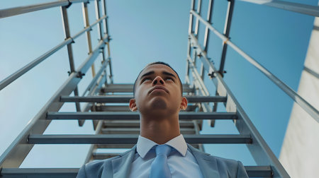 A young ambitious professional stands at the bottom of a corporate ladder gazing upward with a determined expression symbolizing their drive and to climb the ranks and achieve success in their careerの素材
