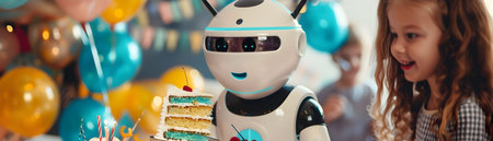 Friendly Robot Serving Slices of Cake to Children at a Festive Futuristic Birthday Party with Balloons andの素材