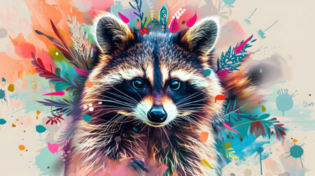 of a Boho Style Raccoon with a Decorative Feathered Headdress and Vibrant Patterned Designs Creating a Mystical and Whimsical Creature in a Fantasy Styleの素材