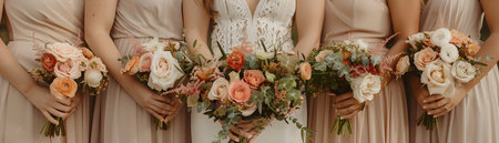 Group of Bridesmaids in Coordinated Dresses Holding Colorful Floral Bouquets for a Wedding Ceremony or Receptionの素材