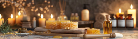 Luxurious and Soothing Spa Setting Featuring Honey Infused Beauty Products Flickering Candles and Artisanal Honeycombs for a Truly Indulgent and Rejuvenating Experienceの素材