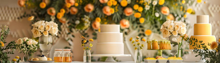 Celebrate a romantic  bee inspired wedding with this elegant table setting featuring honeycomb lush floral arrangements  and personalized honey jar favors for guestsの素材