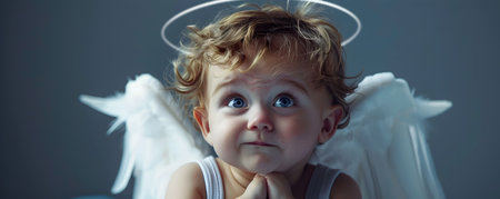 Mischievous baby with angelic halo playfully pretending to be a cheeky little devil  Conceptual digital portrait of a cute curious toddler with an innocent yet mischievous expressionの素材