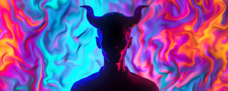 Neon Silhouette of a Demonic Figure Surrounded by Vibrant Colorful Flames in a Surreal Psychedelic Backdropの素材