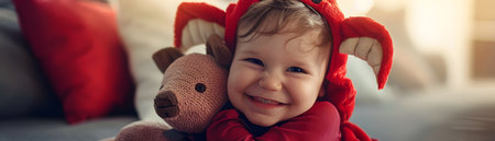 Adorable devilish toddler cuddling a soft red plush devil toy with a joyful beaming smile on their face conveying a sense of playful innocence and mischievous charmの素材