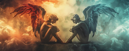 Dramatic scene depicting an angel and a devil sitting back to back reflecting on their eternal struggle between good and evil light and dark in a mystical supernatural landscapeの素材