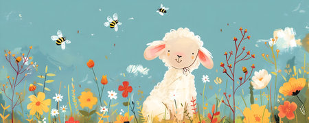of a gentle fluffy lamb wearing a bonnet sitting peacefully in a vibrant flower filled meadow with buzzing bees flying around  The serene idyllic scene evokes a sense of spring nature and tranquilityの素材