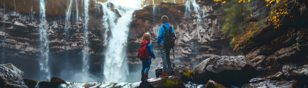 A family standing at the edge of a magnificent waterfall in a picturesque national park taking in the serene and powerful natural beauty of the cascading water and rugged mountainous terrainの素材