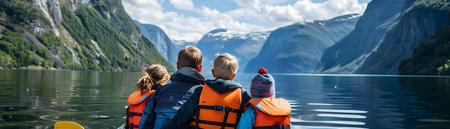 Family with Parents and Kids Embarking on an Unforgettable Boat Tour Through the Breathtaking Scenery of a Picturesque Fjord Surrounded by Majestic Mountainsの素材