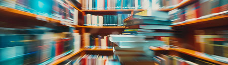 Blurred and dynamic abstract interior of a language learning environment featuring blurred bookshelves dictionaries and books in motion conveying the concept of knowledge education and intellectualの素材