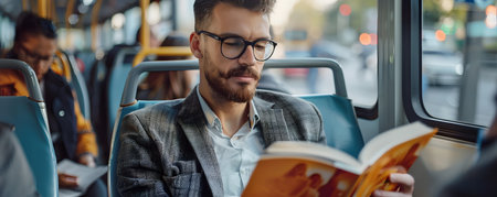 Focused professional man reading a book on leadership while riding on a city bus during his daily commute  Concept of continuous learningの素材