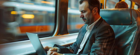 Businessman Utilizing Laptop During Commute on Train Demonstrating Productivity and Mobility in Business Travelの素材