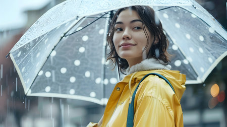 Fashionable young woman wearing a bright yellow raincoat and holding a patterned umbrella walking on a city street during a rainy dayの素材