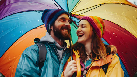 Joyful couple dressed in matching raincoats laughing together as they stand under a large vibrant umbrella on a rainy day outdoors  The image captures a sense of playfulnessの素材