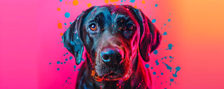 Closeup portrait of a dog s face with vibrant paint splashes in various colors isolated on a neon pink studio backdrop  Creative and textured animal artの素材
