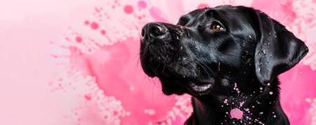 Closeup portrait of a black dog s face with vibrant expressive paint splashes against a bright pink background  The wet shiny fur and dramatic paint effects create a conceptual visualの素材