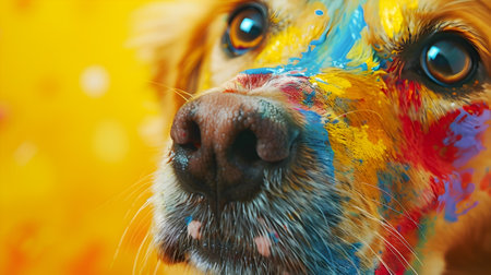 Incredible closeup portrait of a dog s face splattered with rainbow paint splashes against a vivid yellow background creating a eye catching visual  The textured fur expressive eyesの素材