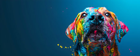 Vibrant Multicolored Paint Splashes on a Playful Dog s Face Against Deep Blue Background  and Creative Closeup Portrait of an Adorable Pet Animal with Expressive Fur Texture and Facial Featuresの素材