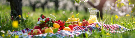 Picturesque springtime picnic scene in a blooming orchard featuring a checkered blanket filled with an array of fresh seasonal fruits vibrant wildflowersの素材