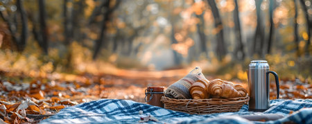 A cozy and tranquil autumnal picnic scene with a blue plaid blanket a basket of fresh croissants and jam and a thermos of warm cocoa set along a peaceful forest pathの素材