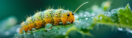 Macro close up view of a fuzzy vibrant green caterpillar crawling and munching on a lush green leaf  Detailed texture and colors of the small larva organism and natural foliageの素材