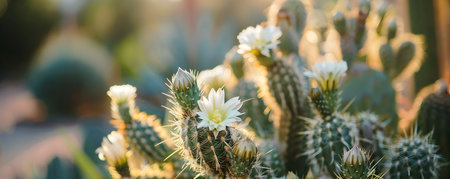 Closeup of a blooming silver cholla cactus against a backdrop of a modern uncluttered workspace  The sharp spines and delicate flowers create a striking contrast in this serene and minimalist settingの素材