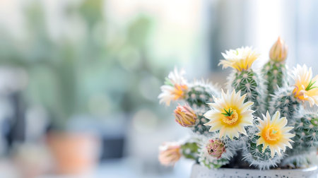 Minimalist workspace design featuring a close up view of a blooming cholla cactus adding a natural and organic touch to the clean simple decorの素材