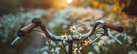 A close up view of a vintage bicycle handlebar wrapped with lush green vines and small delicate white flowers set against a blurred serene garden background filled with lush greenery and floralsの素材