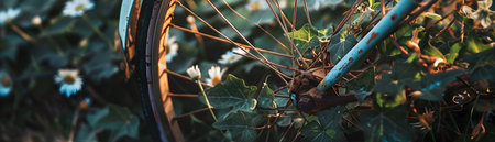Close up view of a vintage bicycle wheel intertwined with lush ivy and delicate wildflowers bathed in the soft warm glow of morning light  The organicの素材