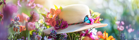 Elegant spring hat adorned with a whimsical butterfly motif nestled amidst a lush and vibrant garden filled with blooming flowers in a serene picturesque settingの素材