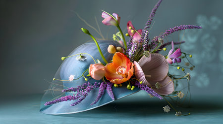 Sophisticated Floral Fascinator with Spring Botanical Headpiece Arrangement  Luxurious and elegant headpiece adorned with vibrant colorful flowers foliage and other natural elements creating a uniqueの素材