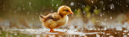 Close up of an adorable baby chick standing in a puddle with raindrops splashing all around it creating a captivating and serene natural sceneの素材