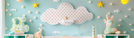 Whimsical mint colored nursery with a cloud shaped pegboard for organizing and storing baby essentials  The room features pastel colors polka dot accentsの素材