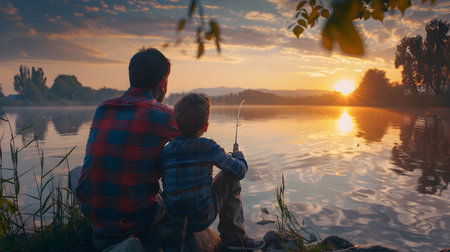 A father and son sharing a peaceful moment together bonding over the joys of fishing at a serene lakeside as the sun sets creating cherished memories in a tranquil outdoor settingの素材