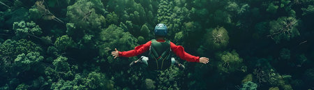 Daring skydiver soaring gracefully above the dense verdant forest canopy in a thrilling aerial adventure capturing the and freedom of extreme sports in natureの素材