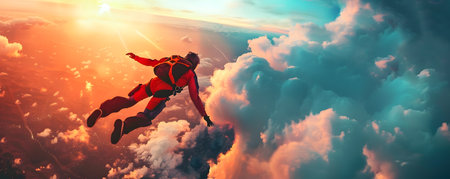 Fearless Skydiver Plunging Through Dramatic Stormy Sky in Daring Free Fall Adventure  Adrenaline pumping image of a skydiver in mid air with a turbulentの素材