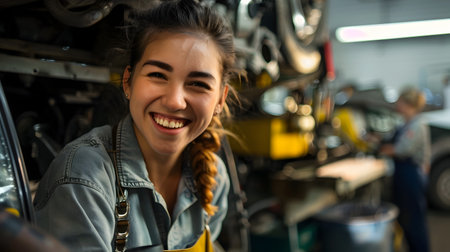 Portrait of a confident and smiling female mechanic finishing an automotive repair job with a satisfied customer in the background showcasing her expertise and pride in her workの素材