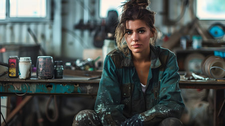 Portrait of a focused grease covered female mechanic taking a break with a cup of coffee while sitting on a cluttered workbench in her gritty garage workshopの素材